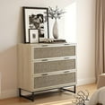thumbnail image 1 of Rattan Dresser for Bedroom, 37.2" Wide 3 Drawer Dresser with Metal Handles, Wood Storage Chest of Drawers for Living Room and Hallway, Natural, 1 of 7