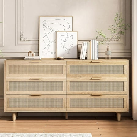 Rattan Dresser for Bedroom, Modern 6 Drawer Dresser, Wooden Storage Chest of Drawers for Living Room, Hallway (Natural)