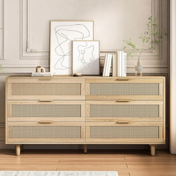 Rattan Dresser for Bedroom, Modern 6 Drawer Dresser, Wooden Storage Chest of Drawers for Living Room, Hallway (Natural)