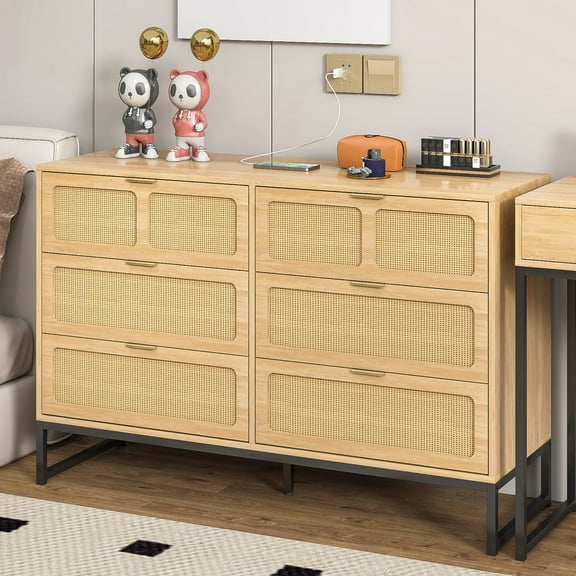 Rattan Dresser for Bedroom, Wooden Dresser Chest of Drawers, 6 Drawer Wide Dresser