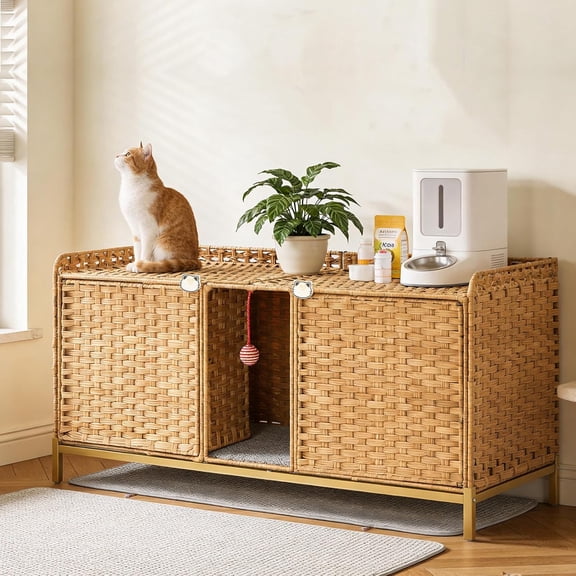Rattan Dual Cat Litter Box Cabinet 47.2 in - Two Compartments with Mats - Hanging Toy and 2 Hooks - Natural Finish