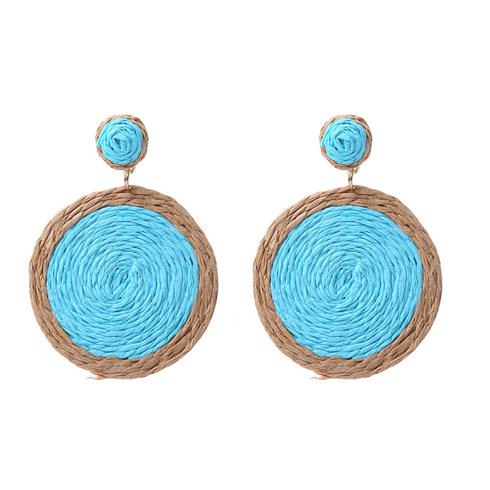 Boho Wooden Bead & Wicker Straw Earrings – Lightweight Dangling Sunflower Design, Summer Beach Jewelry