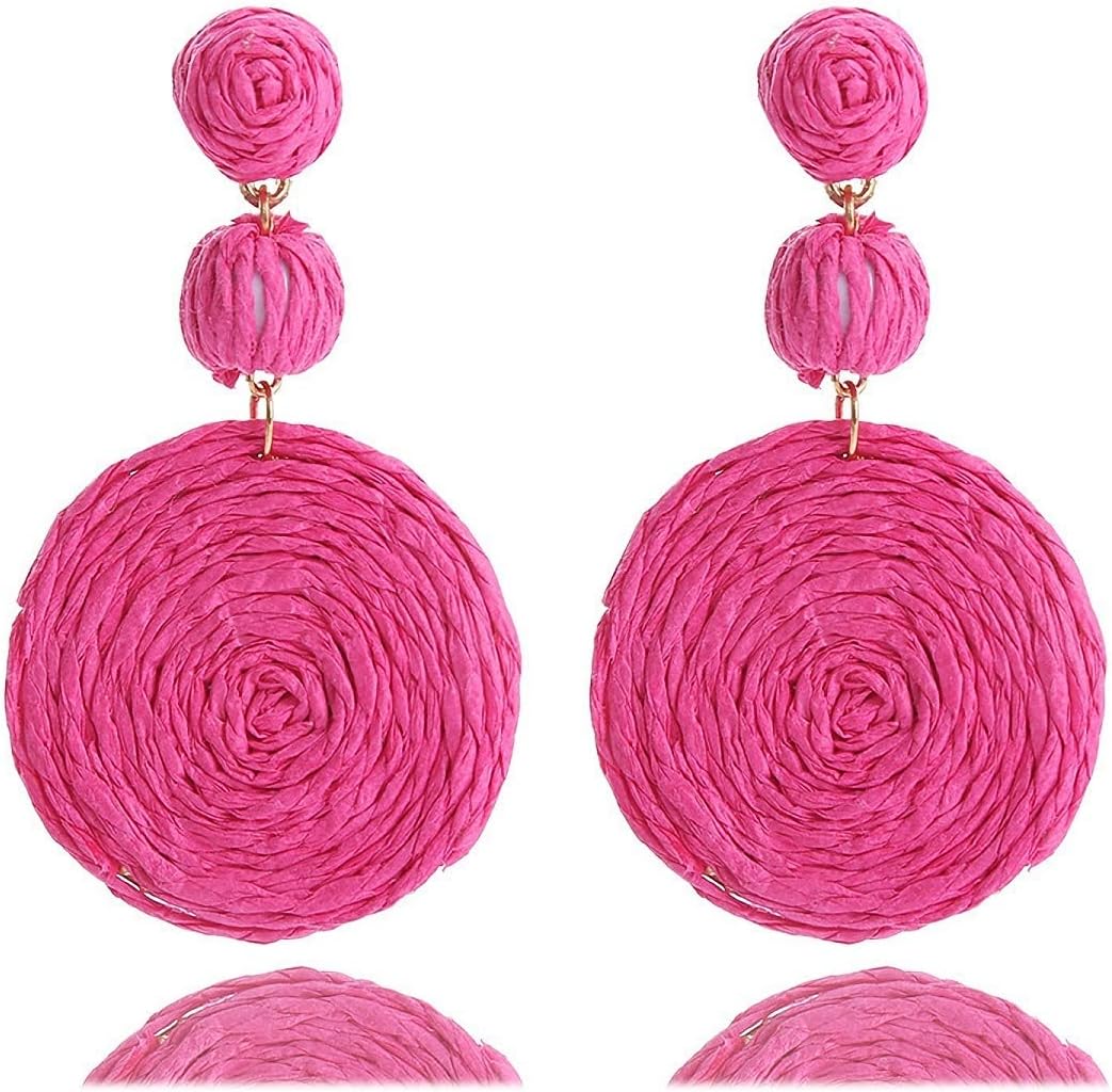 Boho Raffia & Straw Dangle Earrings For Women - Handmade Tropical Statement Clip-On Earrings In Hot Pink, Summer Beach Bohemian Accessories