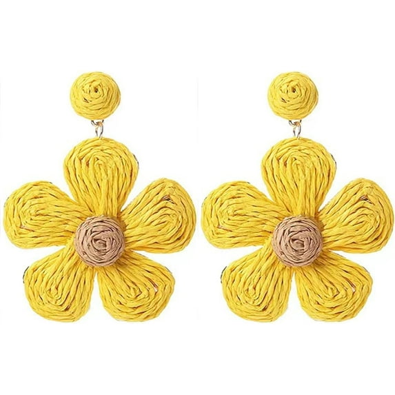 Rattan Earrings for Women Statement Boho Raffia Straw Wrapped Flower Drop Dangle Earrings Summer Tropical Beach Jewelry