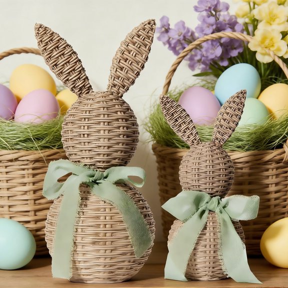 Rattan Easter Bunny,2Pcs Faux Wicker Easter Bunny Figurines,3D Printing Rattan Effect Plastic Rabbit Statues with Bows,Rustic Farmhouse Easter Table Centerpiece & Shelf Easter Decor(Green)