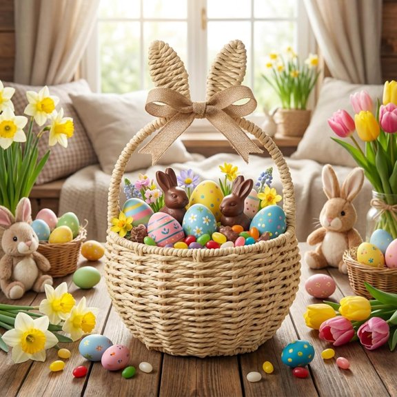 Rattan Easter Bunny Basket with Handle 11 x 7 x 5 Inch Handmade Wicker Bunny Ears Picnic Basket for Egg Hunt Party Storage Burlap Bow Cute Candy Organizer Spring Party Decor$$Garden & Patio