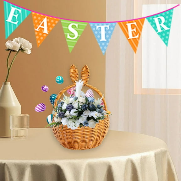 Rattan Easter Bunny Basket with Handle 7x7x11 in Inch Handmade Wicker Bunny Ears Picnic Basket for Egg Hunt Party Storage Burlap Bow Cute Candy Organizer Spring Party Decor, 1Pcs