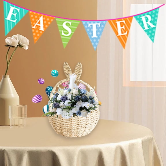 Rattan Easter Bunny Basket with Handle 7x7x11 in Inch Handmade Wicker Bunny Ears Picnic Basket for Egg Hunt Party Storage Burlap Bow Cute Candy Organizer Spring Party Decor, 1Pcs