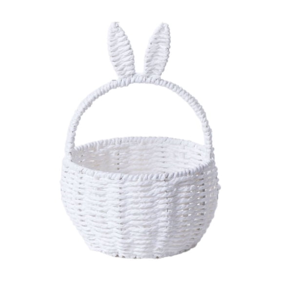 Rattan Easter Bunny Basket with Handle,Handmade Wicker Bunny Ears Picnic Basket for Egg Hunt Party Storage Burlap Bow Cute Candy Organizer Spring Party Decor