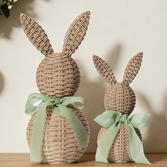 Rattan Effect Resin Bunnies with Bow 2-Pcs Large & Small, Easter Decorations Bunny Figurines Set, Farmhouse Spring Table Centerpiece Decor for Home Wedding Gift - Green