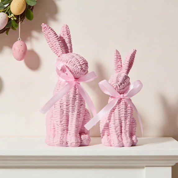 Rattan Effect Resin Bunny Figurines Set of 2 — Easter Table Decor, Spring Farmhouse Centerpiece Statues for Home, Indoor Easter Bunny Decorations & Gift(Pink)