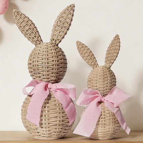 Rattan Effect Resin Bunny Set, 2-Piece Large & Small Easter Rabbit Figurines with Blue Bows, Spring Farmhouse Table Centerpiece Decor - Pink