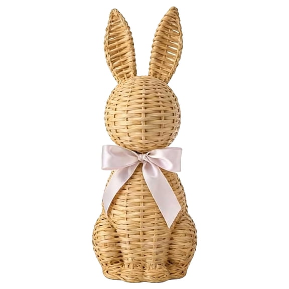 Rattan Effect Resin Easter Bunny Figurines Decor Set, Wicker Spring Garden Statues with Bow, Indoor Outdoor Yard Centerpieces for Easter and Spring Festivities khaki