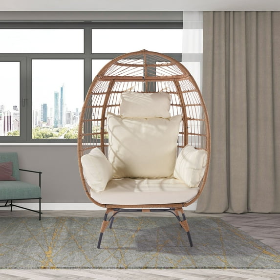 Rattan Egg Chair, Outdoor Indoor Lounge Chair with Stand and Comfy Cushions, Egg Basket Chair PE Rattan Chair with Iron Frame for Patio Backyard Porch, Weight Capacity 240 LBS, Beige Cushion