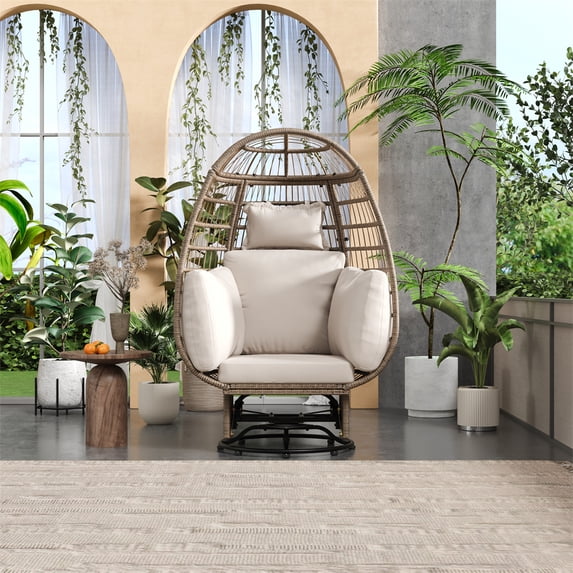 Rattan Egg Chair with Thickened Cushions, Outdoor Swivel Chair with Rocking Function, Oversized Wicker Egg Chair for Balcony Poolside Garden, 350lbs Capacity