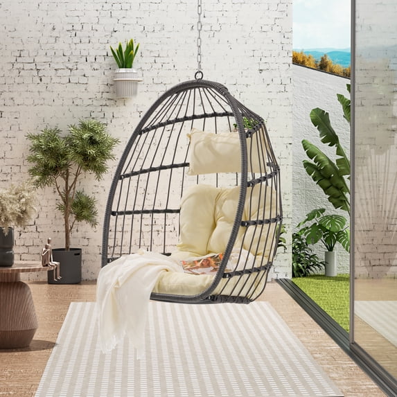 Rattan Egg Chair for Outside, Hanging Swing Chair with Cushion, Hammock Chair Folding Design Porch Balcony Chair, Khaki