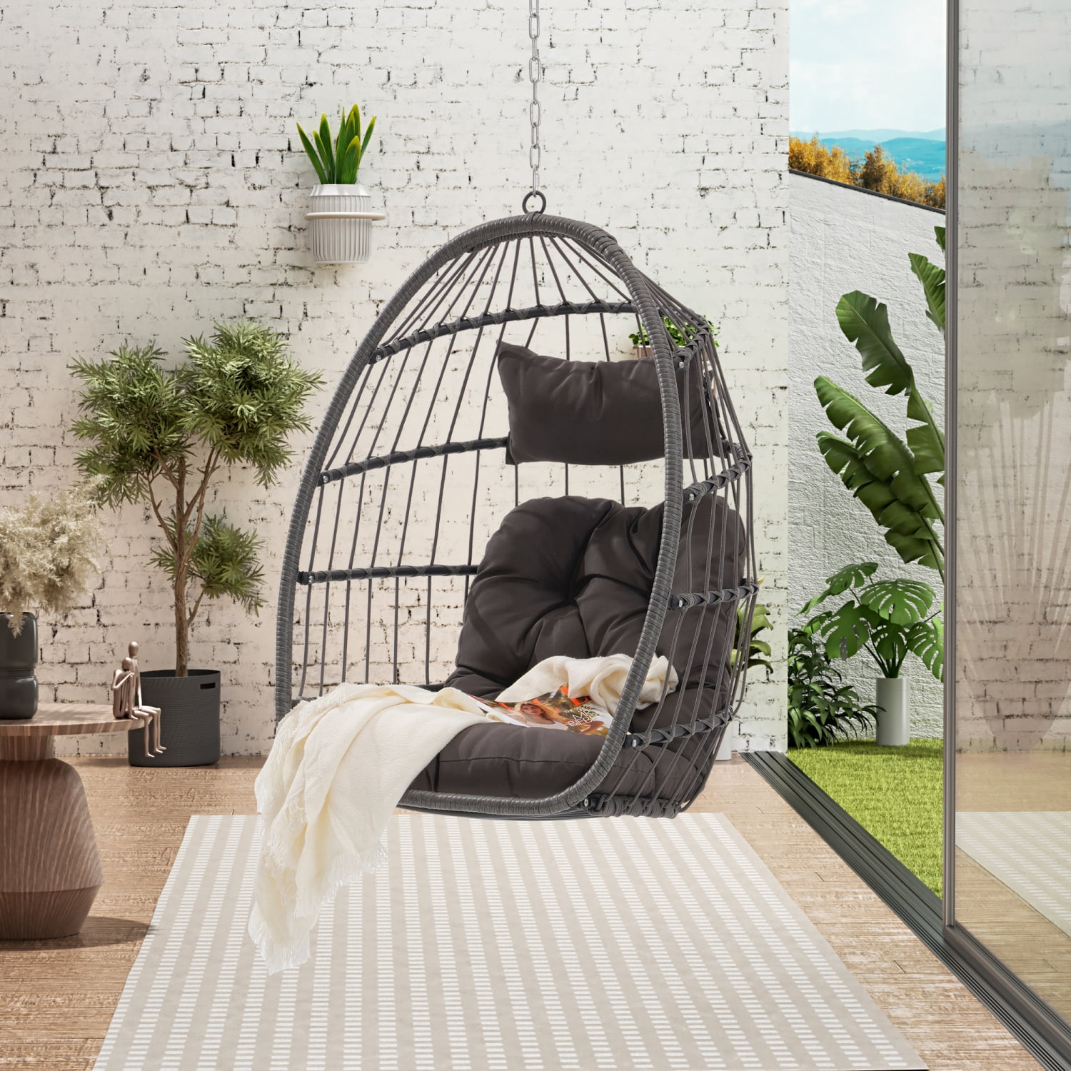 Rattan Egg Swing Chair Weather-Resistant Hanging Patio Chair Outdoor ...