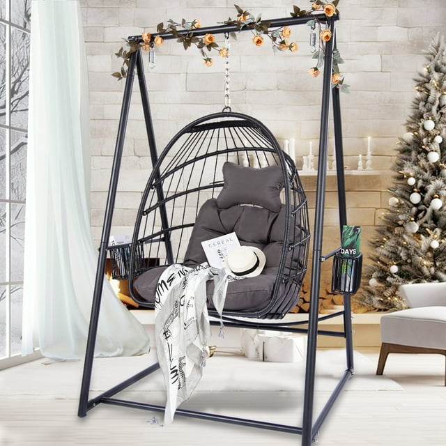 Rattan Egg Swing Chair with Stand & Cushion Set, Heavy Duty Hanging Stand with Wicker Hammock