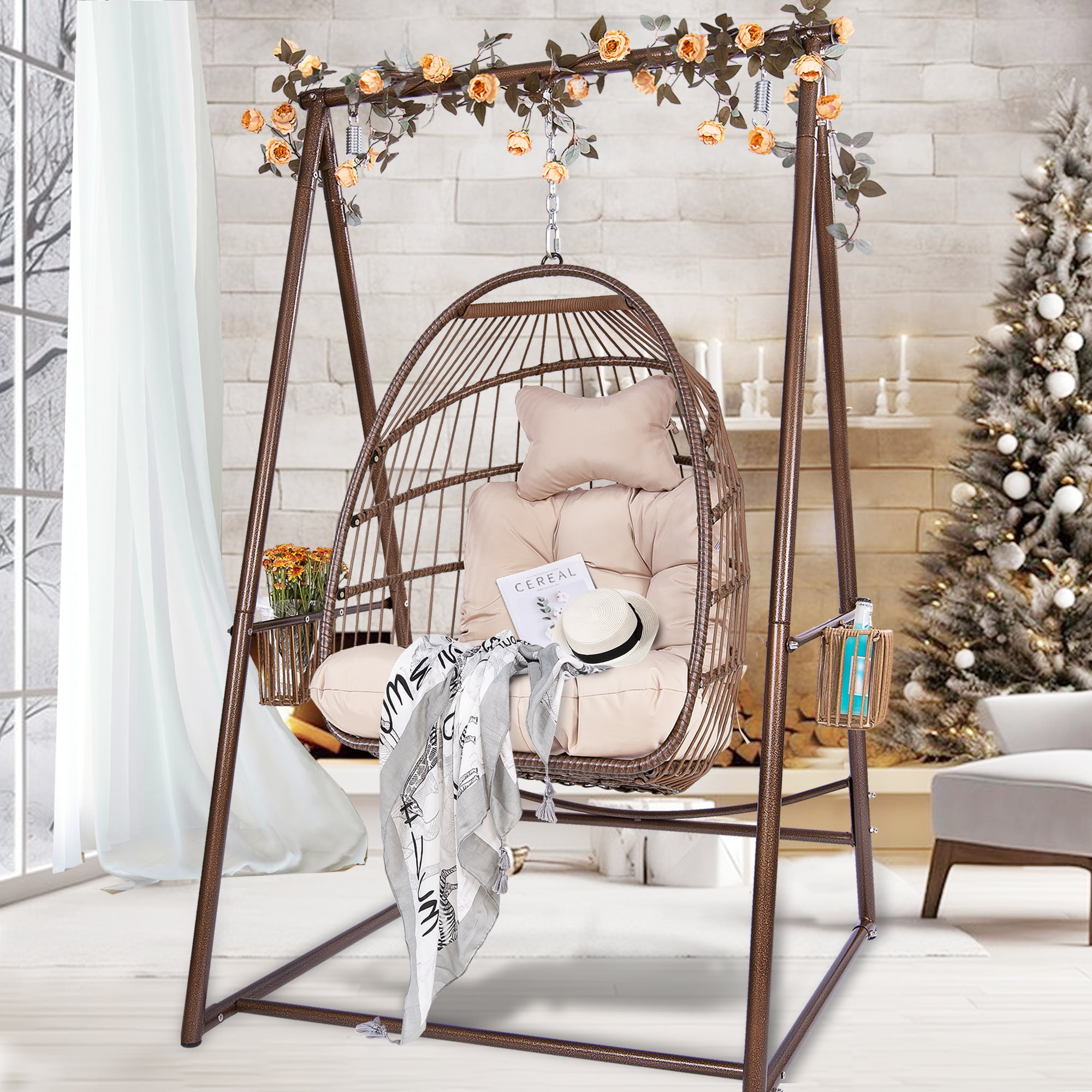 Rattan Egg Swing Chair with Stand & Cushion Set, Heavy Duty Hanging Stand with Wicker Hammock