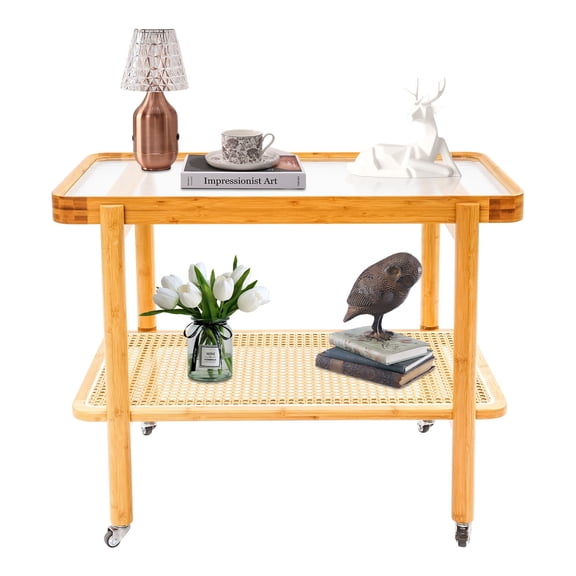 Rattan End Table 2 Tier Coffee Table with Wheels Boho Sofa Table with Glass Tabletop Bamboo Rattan Shelf Modern Tea Table for Living Rooms Small Space