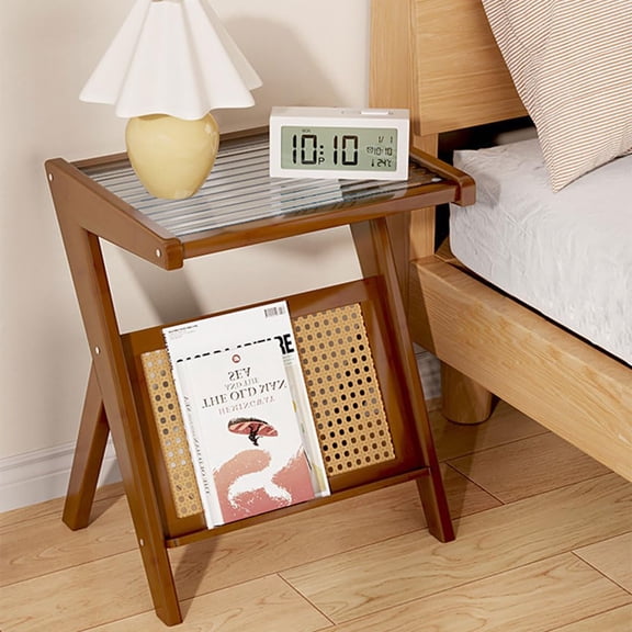 Rattan End Table with Magazine Rack & Glass Top | Z-Shaped Bamboo Sofa Side Table & Boho Nightstand | Modern Walnut Mid-Century Design for Living Room & Bedroom