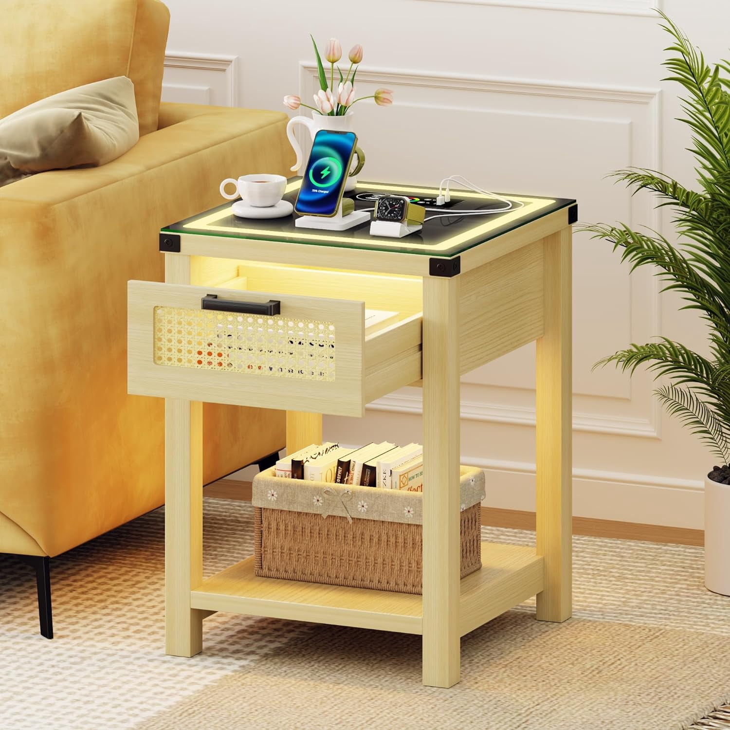 Rattan End Table with RGB LED Lights,Sofa Side Table with Human Sensor ...