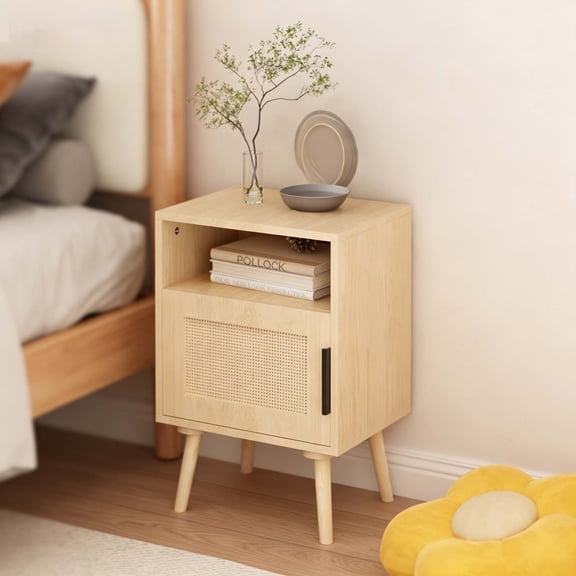 Rattan End Table, Rattan Side Table & Natural Wood Nightstand with Door & Open Shelf, Solid Wood Legs Bedside Table for Bedroom Dorm Small Spaces Oak