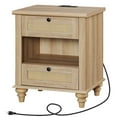 thumbnail image 1 of Rattan End Table with Charging Station for Living Room Bedroom, Wood Side Table Nightstand for Kids room, Light Oak, 1 of 7