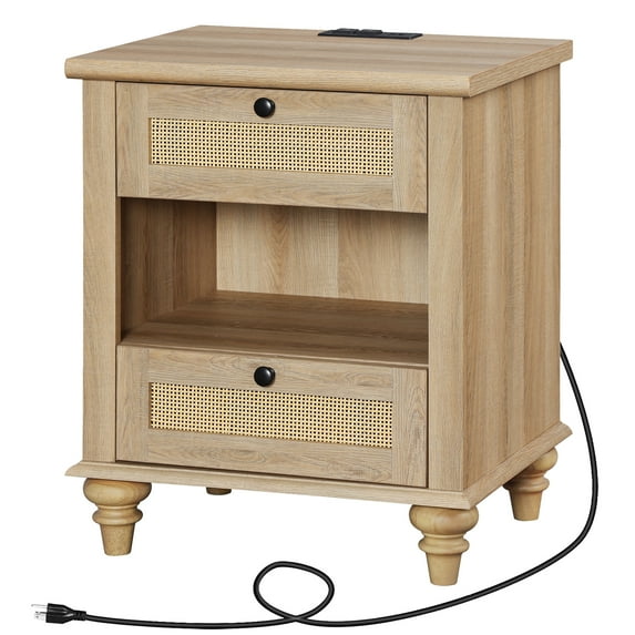 Rattan End Table with Charging Station for Living Room Bedroom, Wood Side Table Nightstand for Kids room, Light Oak