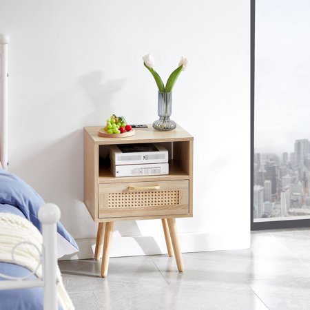 Rattan End Table with USB Charging and Drawer / Multi - purpose for Living and Working