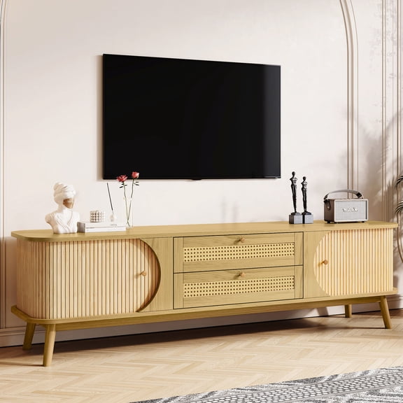 Rattan Entertainment Center | Multi-functional Storage with Rattan Drawers, Cable Management | Solid Wood Legs and High Quality Boards | Easy to Assemble with Code Labels