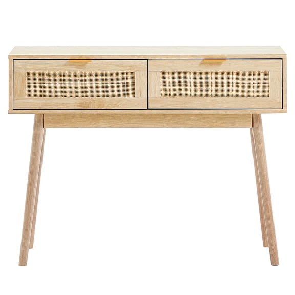 Rattan Entry Table with Sliding Doors, 2-Drawer Storage Console for Living Room, Hallway, or TV Stand, Natural Weave Design