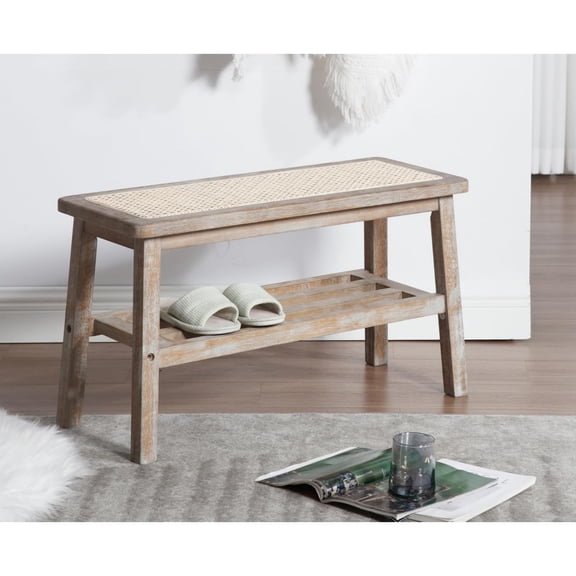 Rattan Entryway Bench with Shoe Rack Natural Wood Storage Bench Indoor Wicker 30 Inches Small Bench Farmhouse Cane Vintage Rustic Accent Bench for Living Room/Bedroom/Hallway/Porch