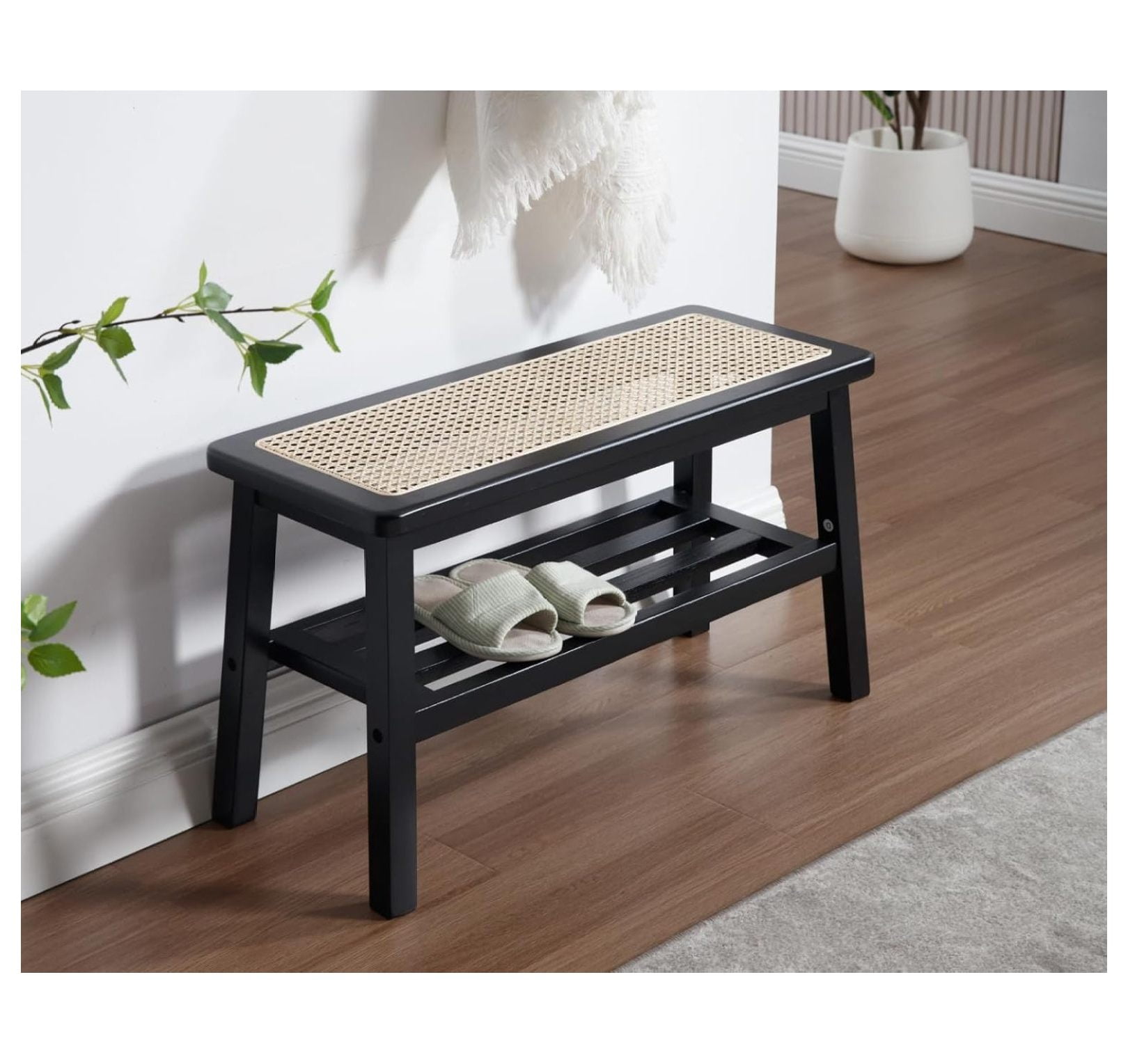 Rattan Entryway Bench with Storage Wood Shoe Rack Bench Farmhouse 2 ...