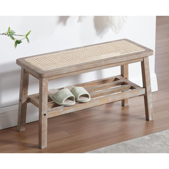 Rattan Entryway Bench Wood Bench with Shoe Rack 30 Inch Small Bench Seat Storage Indoor Distressed Wooden Dining Bench Farmhouse Vintage Rustic Accent Bench for Porch/Dining Room/Living Room