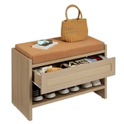 Rattan Entryway Shoe Bench with Storage Drawer and Padded Linen Cushion   Farmhouse Wooden Hallway Bench with Open Shelf   Organize Shoes in Bedroom, Mudroom, Living Room   Light Oak