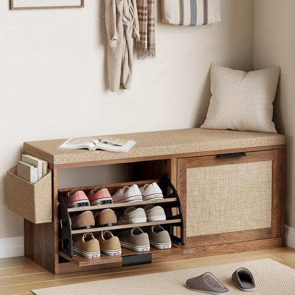 Rattan Entryway Shoe Storage Bench with 2 Flip Drawers and Seat Cushion, Wooden Hidden Shoe Rack for Hallway and Mudroom