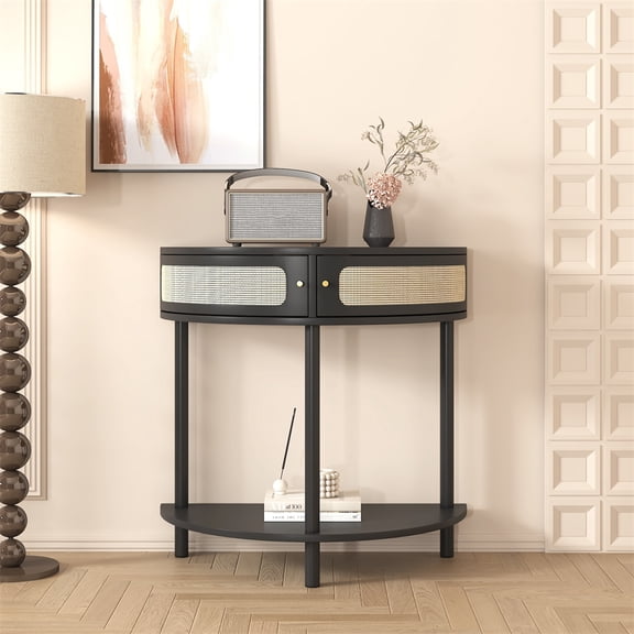 Rattan Entryway Table, Half Moon Accent Console Table with Storage Shelf, 2 Rattan Drawers, Narrow Wood Accent End Tables Living Room Furniture