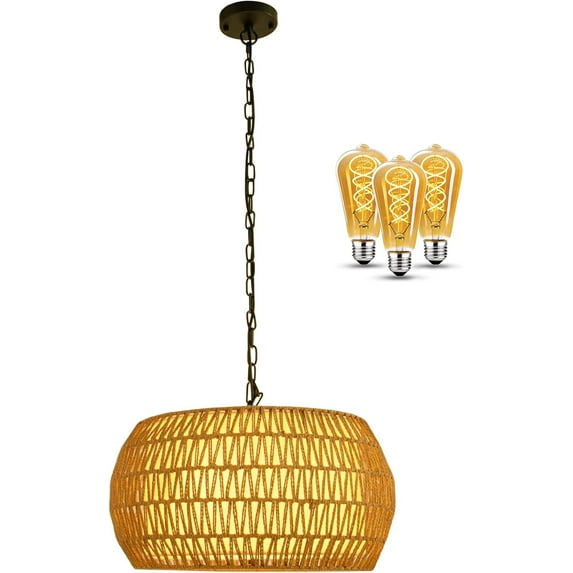 Rattan Farmhouse Pendant Light Fixtures, 3-Light Rattan Chandeliers Light, Boho Ceiling Light Fixture Flush Mount,Woven Hanging Light (Excluding Light Bulb) E26, for Farmhouse Island Living Room