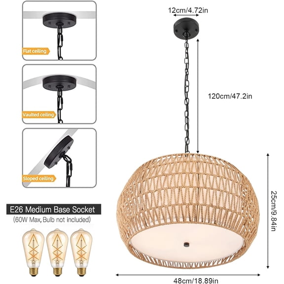 Rattan Farmhouse Pendant Light Fixtures, 3-Light Woven Hanging Ceiling Light with Adjustable Chain and E26 Socket for Modern Home Decor