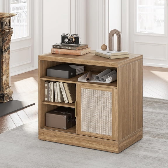 Rattan File Cabinet with Door, 32'' Lateral File Cabinet with Open Adjustable Shelves, Wood Filing Cabinet with Sliding Door for Home Office, Natural Oak