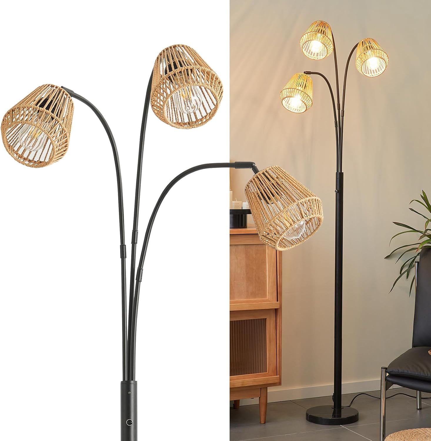 Rattan Floor Lamp for Living Room, 72 Inch Tall Boho Floor Lamp with ...