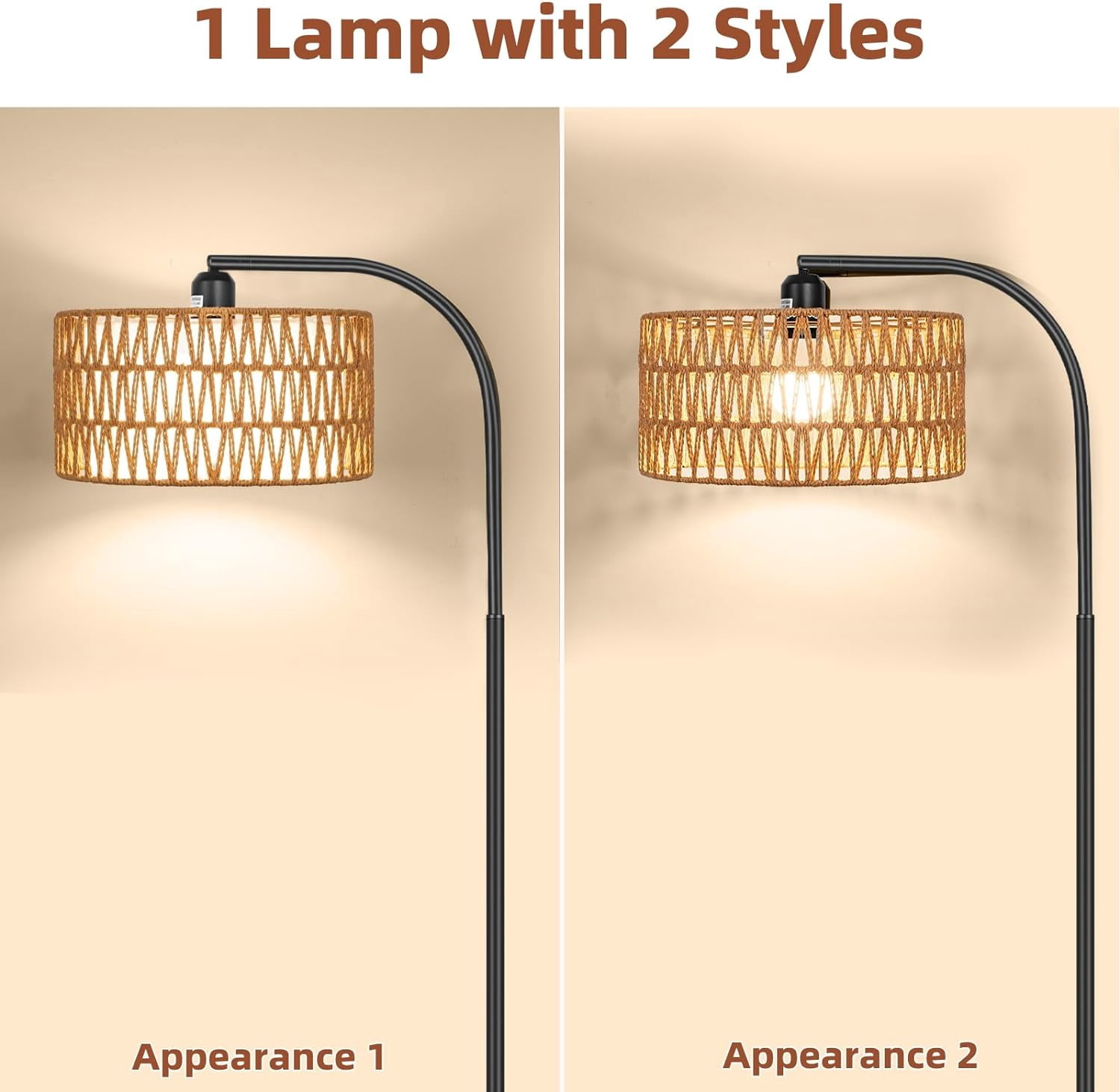 Rattan Floor Lamp For Living Room – Boho Standing Lamp With Rattan & Linen Double Shades – Arc Design – 9W Bulb Included – Remote & Foot Switch