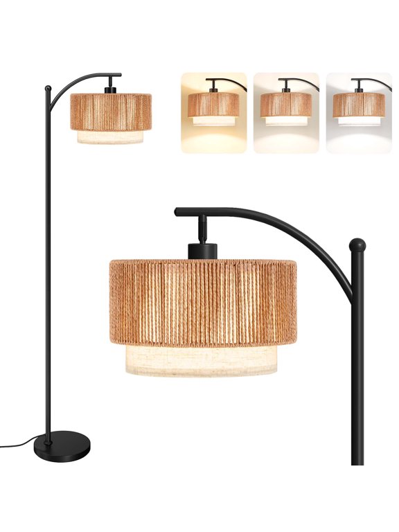 Rattan Floor Lamps, Boho Standing Lamps with Rattan & Linen Double Shades, Arc Lamp Floor with 12W Bulb, Foot Switch, Bohemian Floor Lamps for for Living Room, Bedroom, Study Room