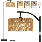 Rattan Floor Lamps for Living Room, Boho Standing Lamps with Rattan Shade, Arc Lamps Floor Standing with 9W Bulb, Foot Switch, Black Bohemian Floor Lamps for Bedroom, Office-Drum
