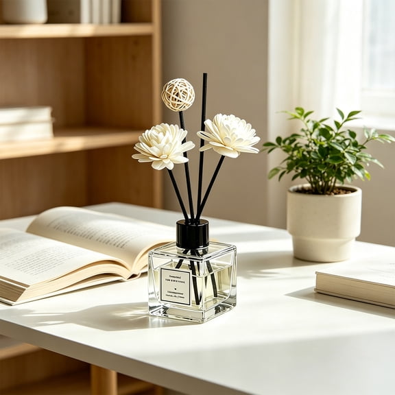 Rattan Flower Diffuser Set with Natural Citronella Oil, Flameless Glass Aroma Diffuser for Bedroom Living Room Office Decor, White, 1 PCS