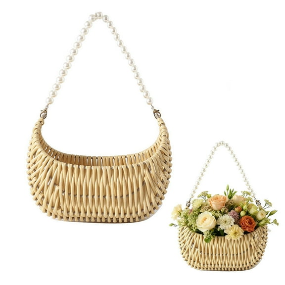 Rattan Flower Girl Basket with Pearl Handle Small Half Moon Wicker Basket for Wedding Flower Girl Picnic Garden Storage and Home Decor