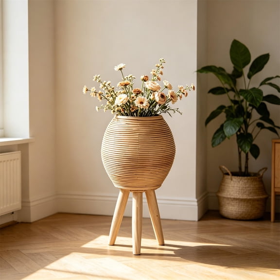 Rattan Flower Stand Triangular Plants Pot Holder Straw Woven Plants Container for Indoor Plants- Decorative Wooden Storage Pot for Home Office Living Room Display Small Plants Rack with Support