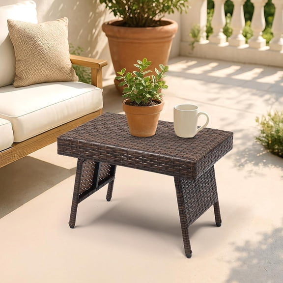Rattan Folding Side Table, Portable Lightweight Wicker End Table for Garden Balcony