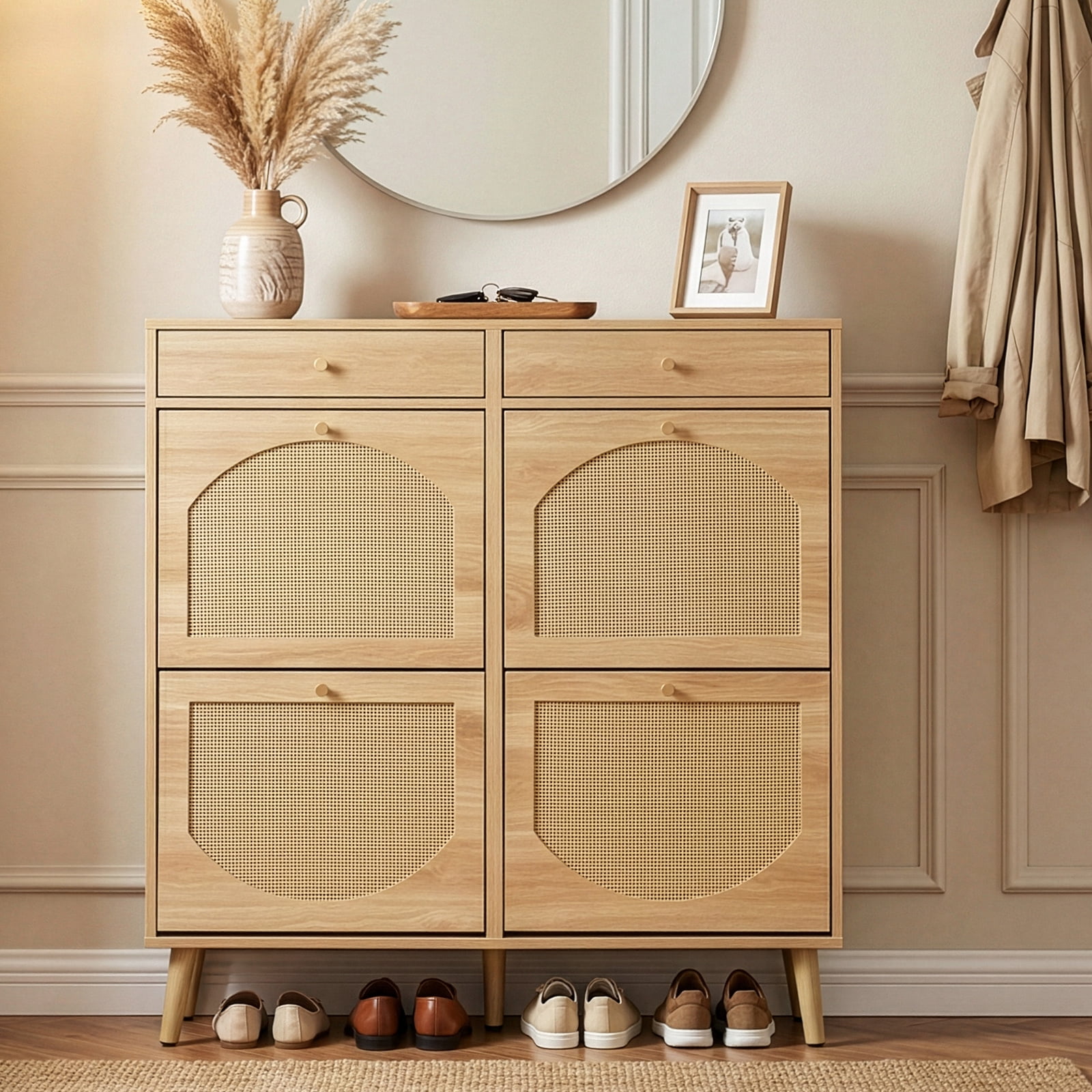 Rattan-Front Shoe Cabinet With 2 Drawers And 4 Flip-Down Compartments, Made Of Particleboard, 105*24*110cm, Natural Wood